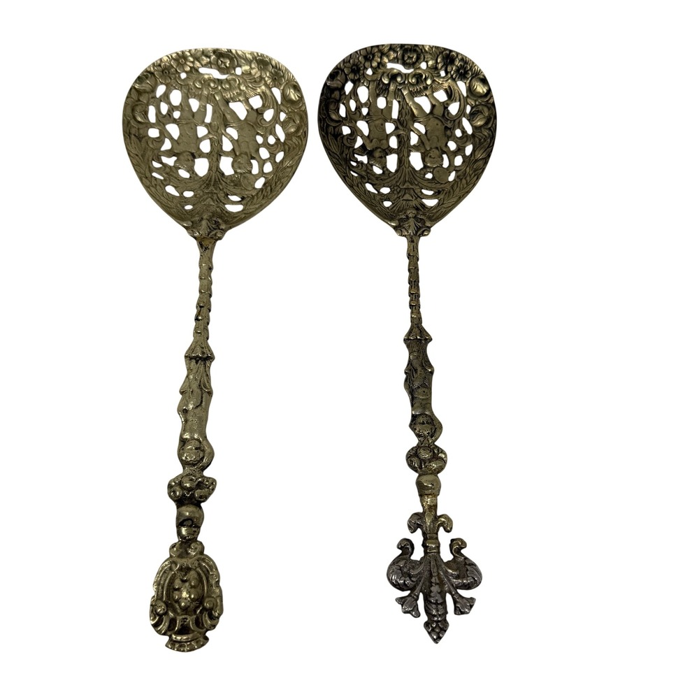 Vintage Pair‎ Italian Brass Pierced Serving Spoons 10in Ornate Baroque
